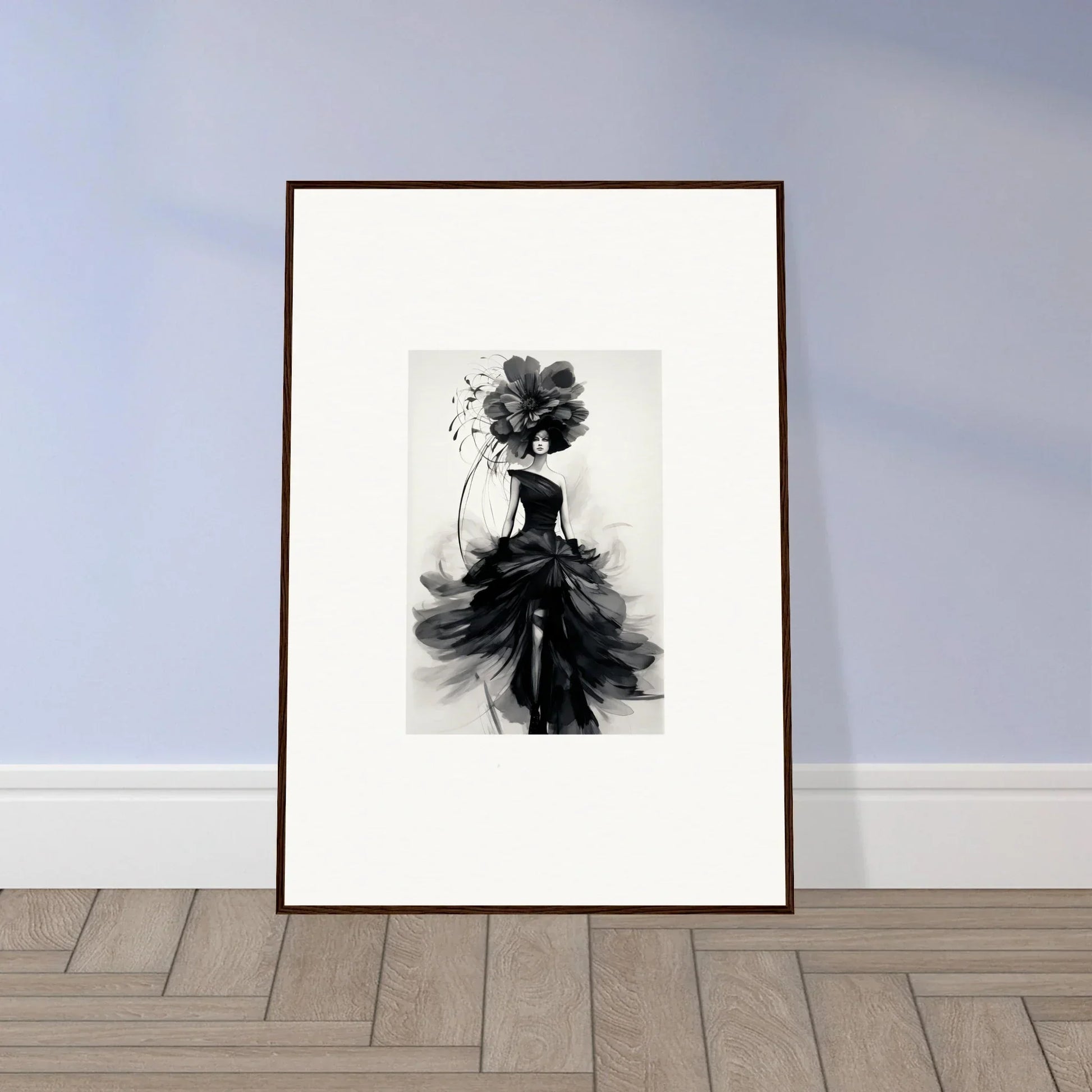 Framed black and white fashion illustration of a flowing gown, featuring Midnight Elegance