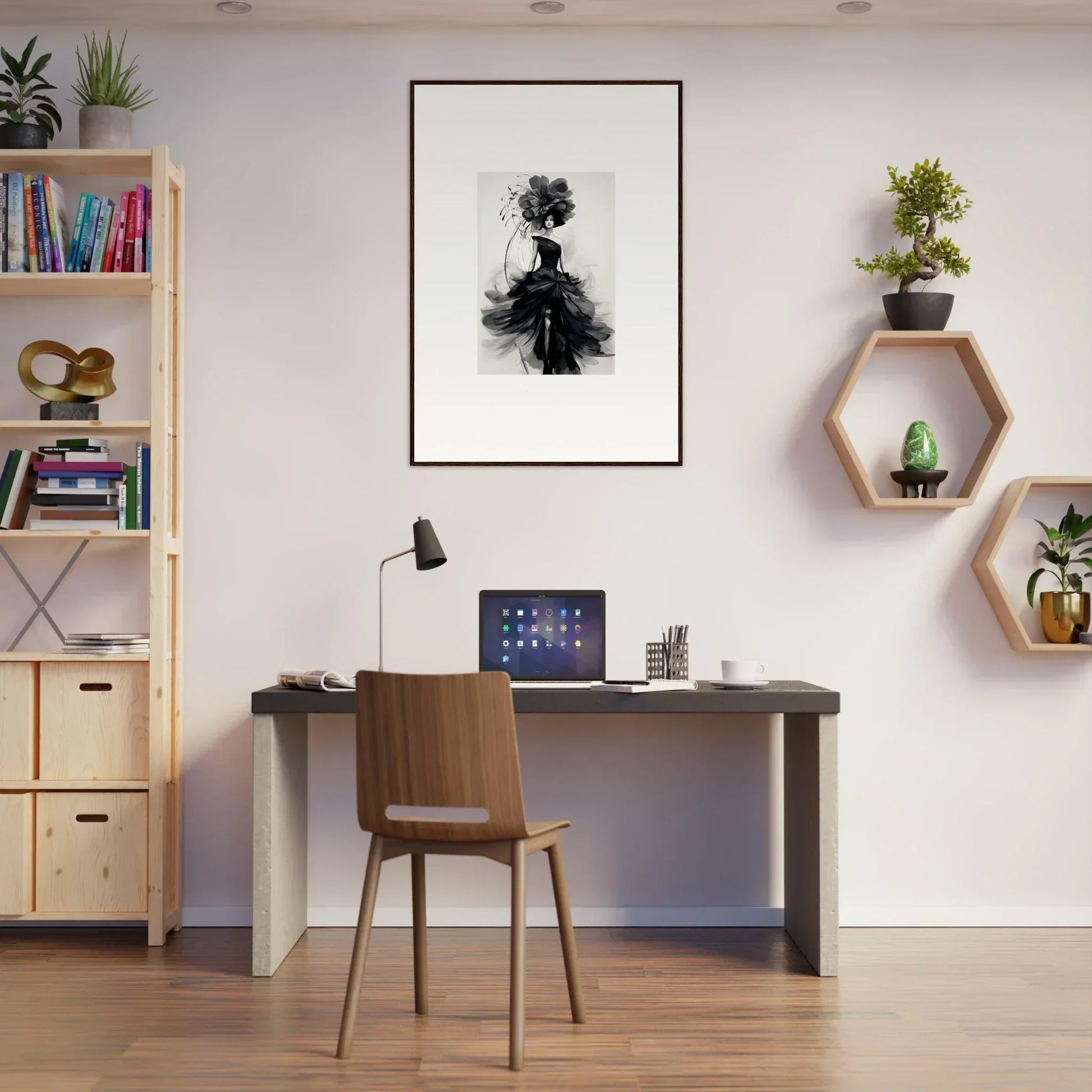 Modern home office with midnight elegance decor, featuring framed wall art and a sleek desk