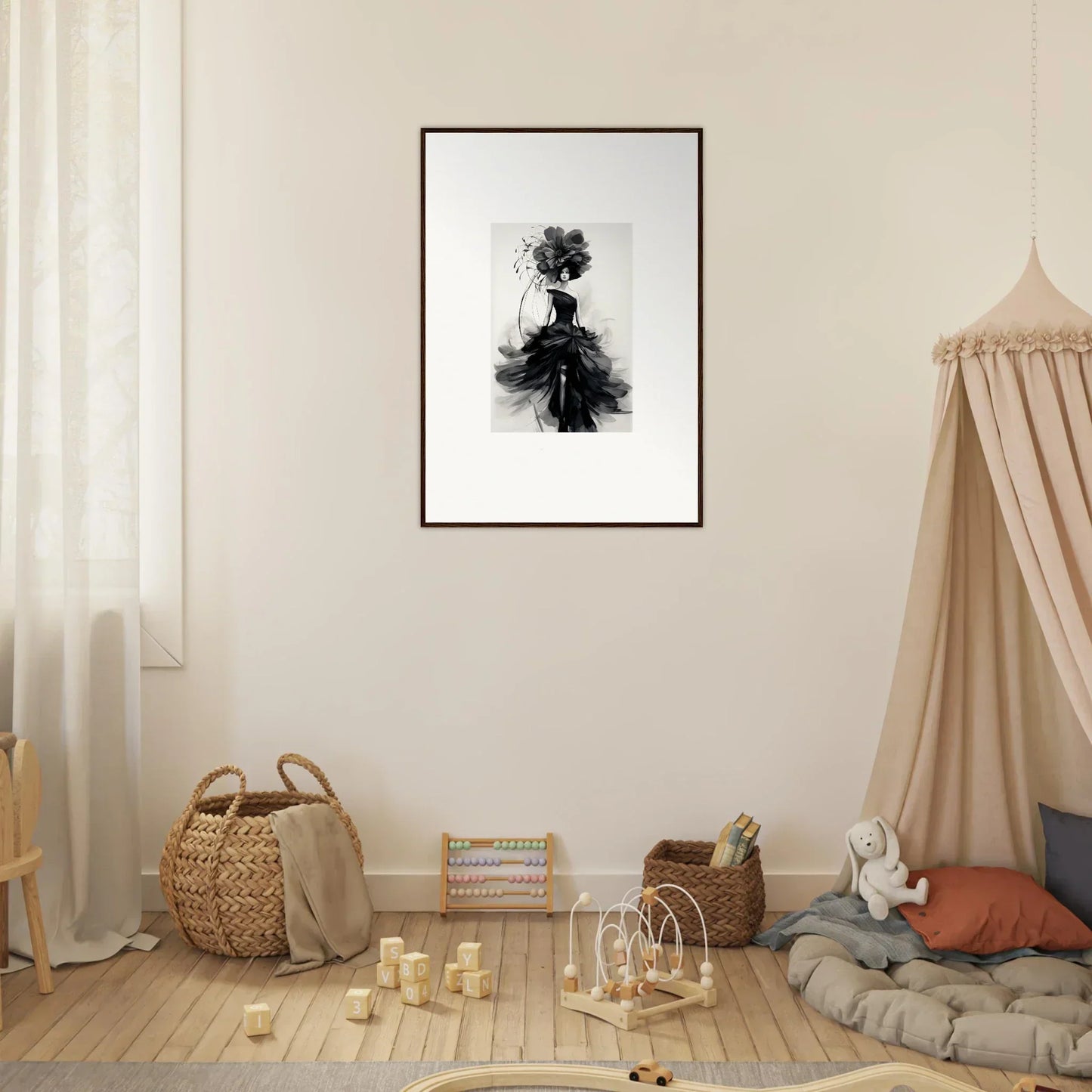 Black and white framed wall art of an abstract figure in a flowing dress, Midnight Elegance