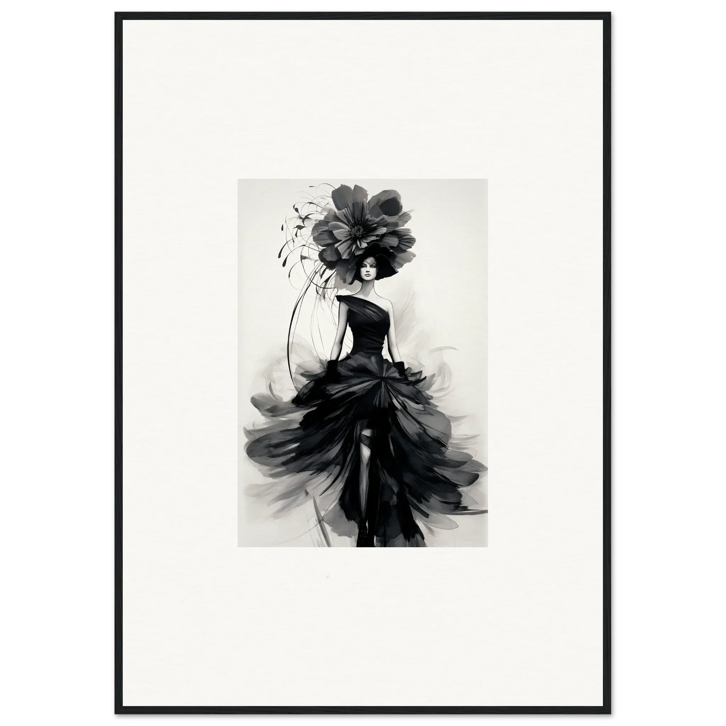 Black and white fashion illustration of a graceful figure in Midnight Elegance gown