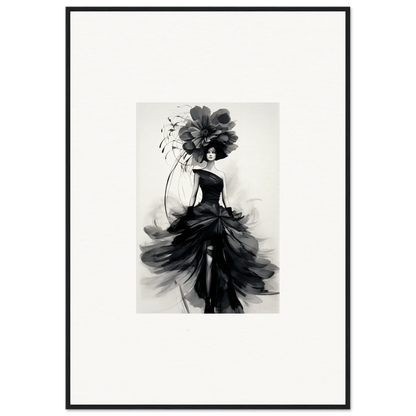 Black and white fashion illustration of a graceful figure in Midnight Elegance gown