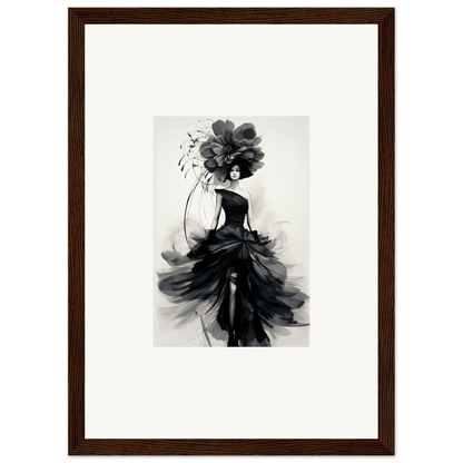 Elegant black and white watercolor illustration of a figure in a flowing gown for Midnight Elegance framed wall art