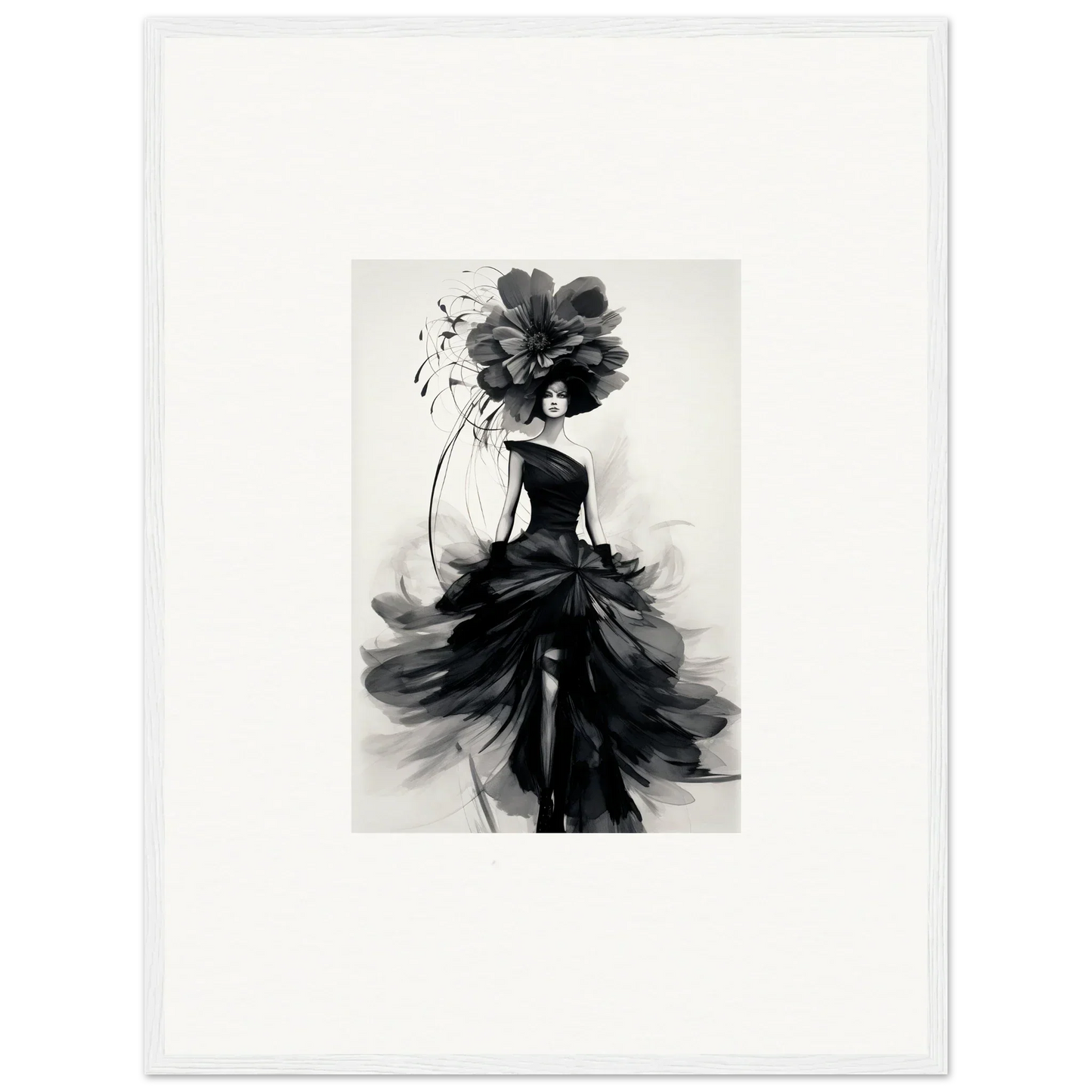 Elegant black and white watercolor of a figure in a flowing gown for Midnight Elegance