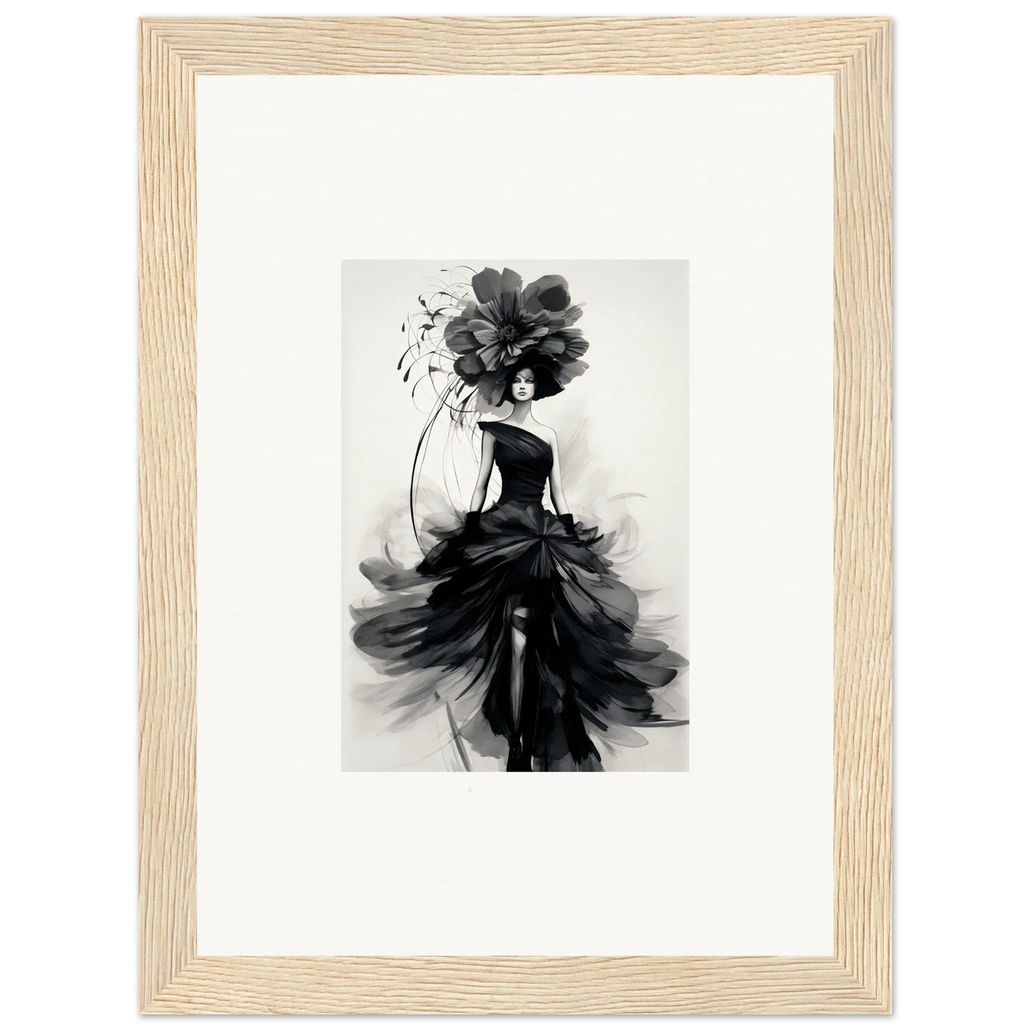 Elegant black and white watercolor of a figure in an evening gown for Midnight Elegance