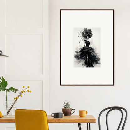 Framed black and white fashion illustration of a figure in a flowing gown, Midnight Elegance