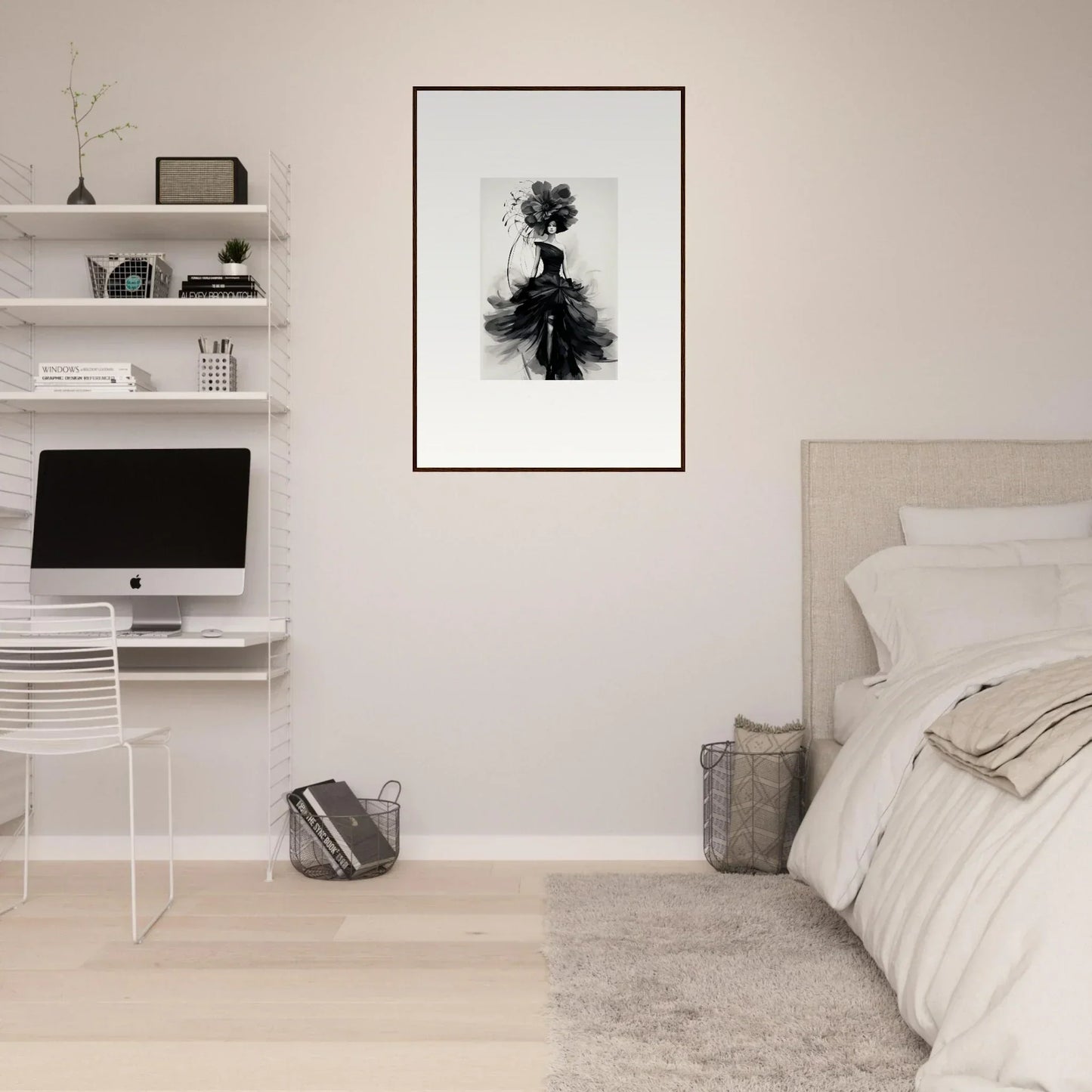 Minimalist bedroom in Midnight Elegance with floating shelves and framed wall art