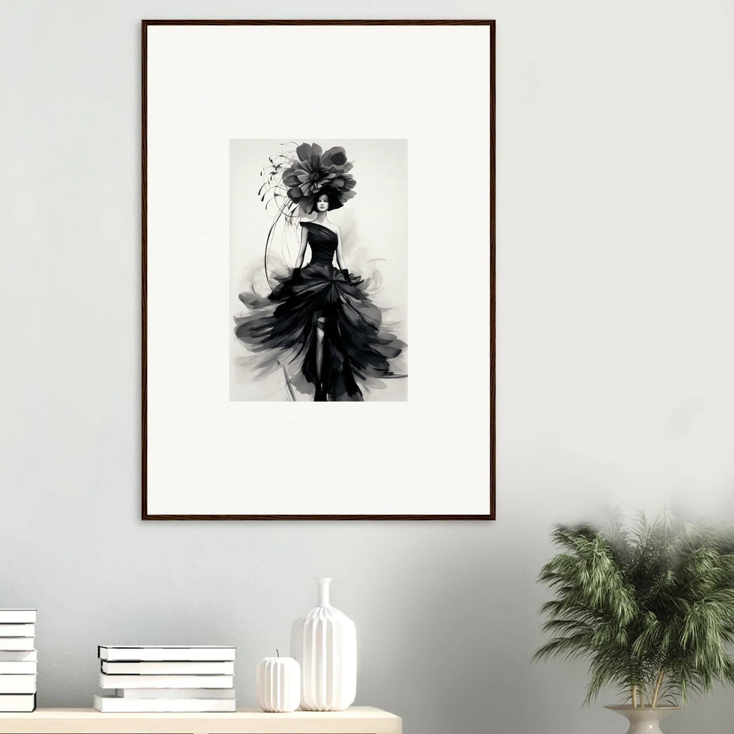 Framed black and white fashion illustration from Midnight Elegance special edition art™