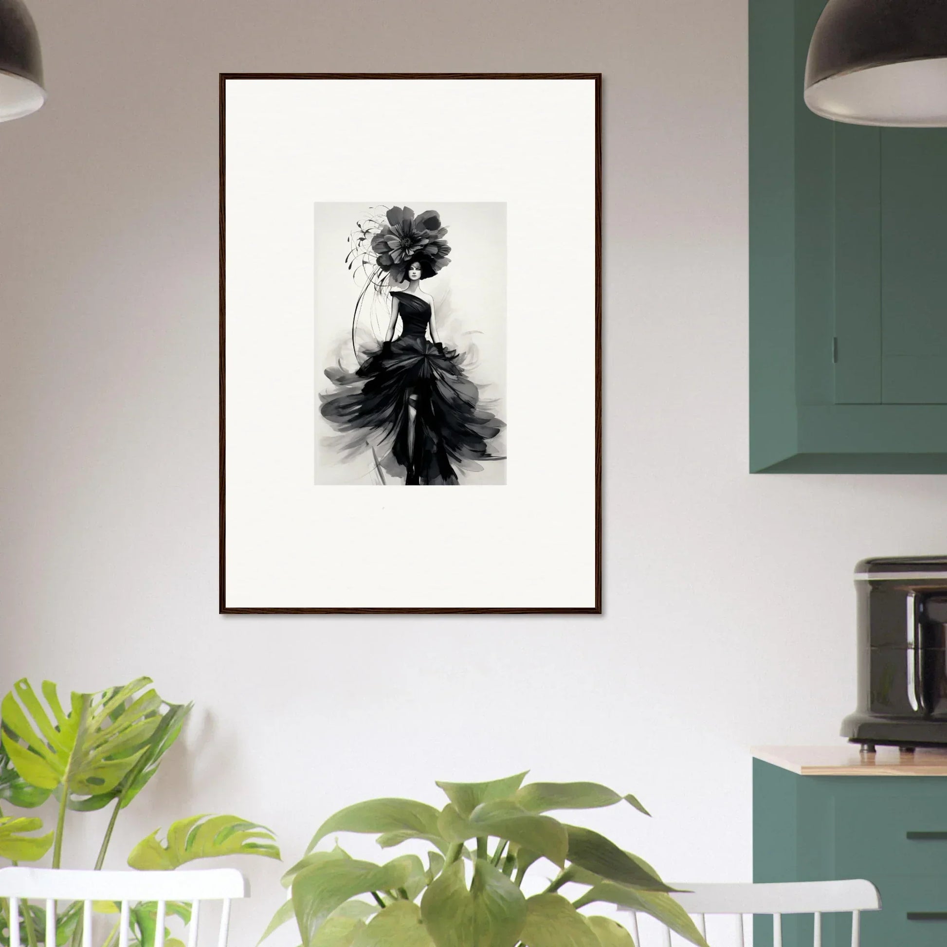 Black and white fashion illustration of a figure in a flowing gown for Midnight Elegance framed wall art