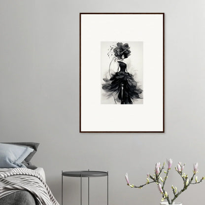 Black and white fashion illustration of flowing evening gown from Midnight Elegance collection