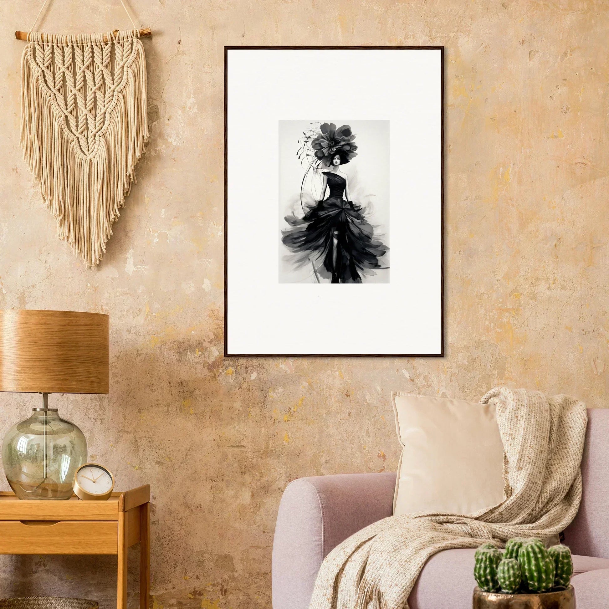 Black and white watercolor artwork of a figure in a flowing dress from Midnight Elegance