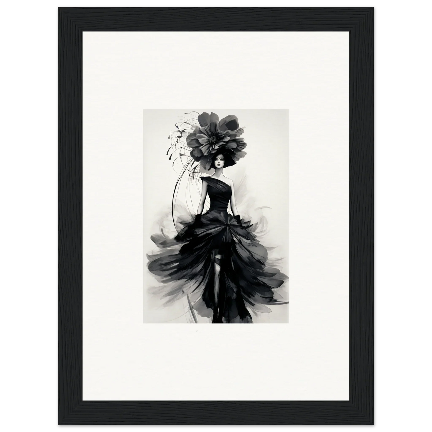 Black and white fashion illustration of a flowing gown for Midnight Elegance framed wall art