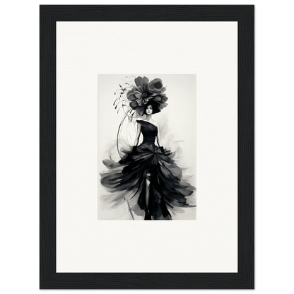 Black and white fashion illustration of a flowing gown for Midnight Elegance framed wall art