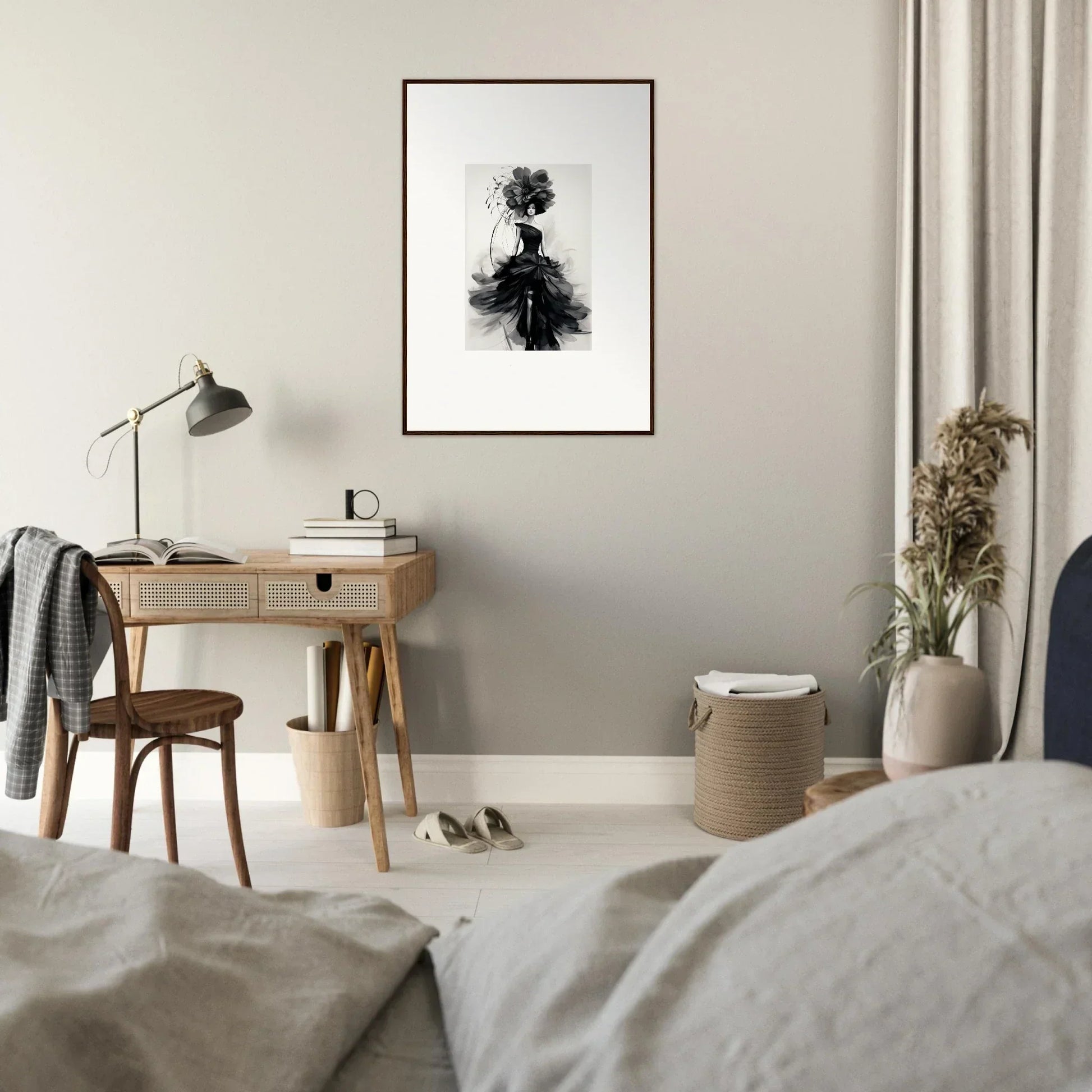 Minimalist bedroom workspace showcasing Midnight Elegance with a wooden desk and lamp