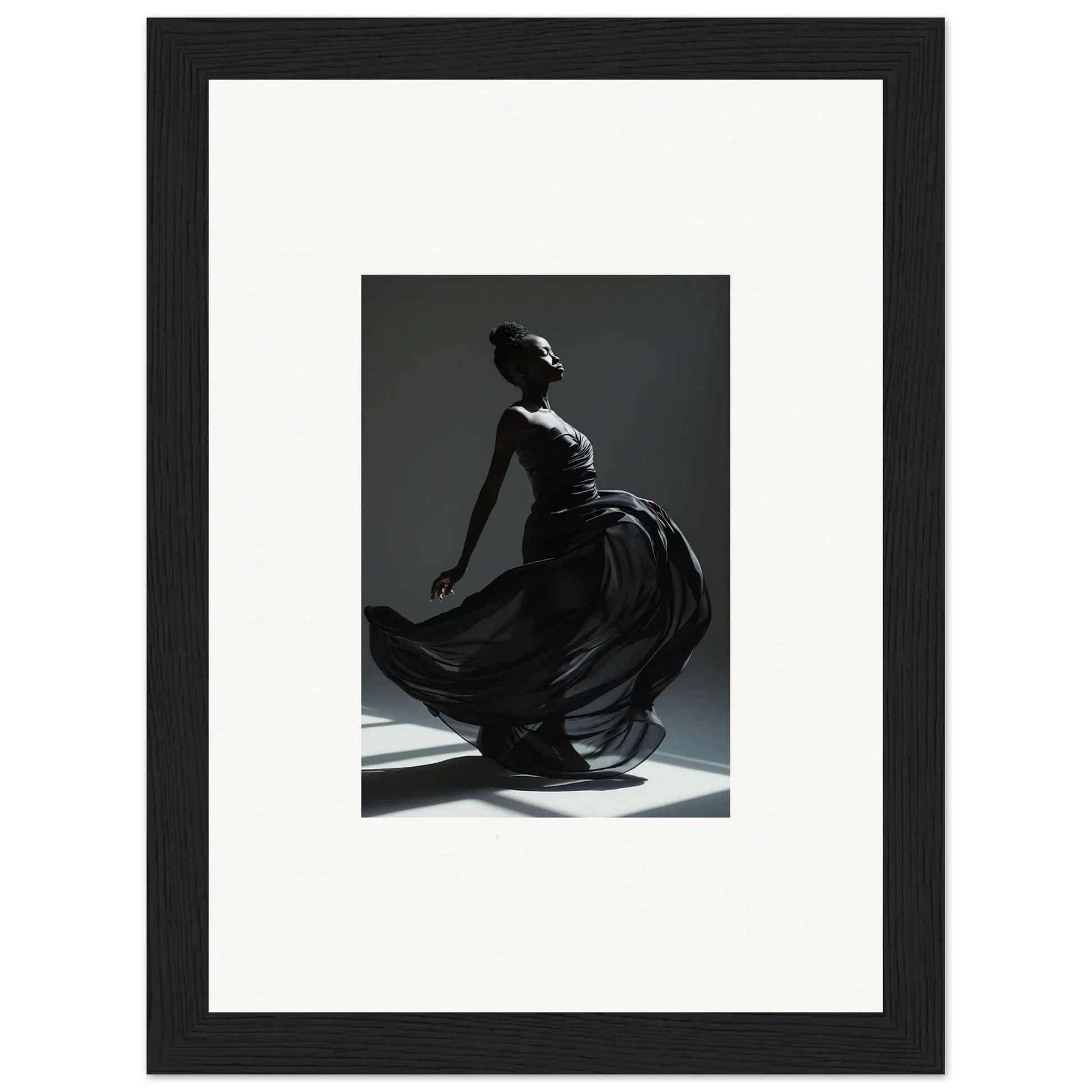 Framed black-and-white photograph of a graceful dancer in a flowing dress.