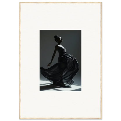 Elegant silhouette of a dancer in a flowing dress, captured mid-movement against dramatic lighting.