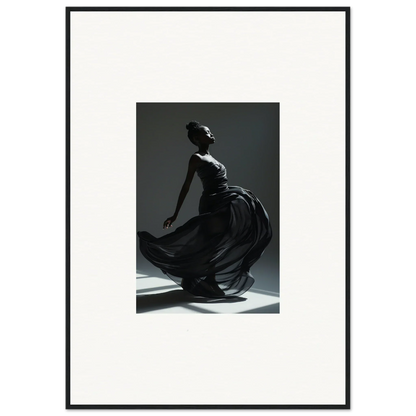 Graceful dancer in a flowing dark dress captured mid-movement.