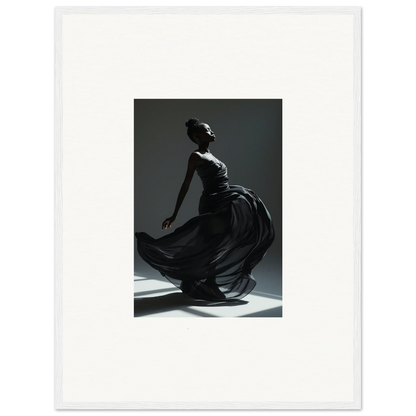 Elegant dancer in a flowing black dress captured mid-twirl.