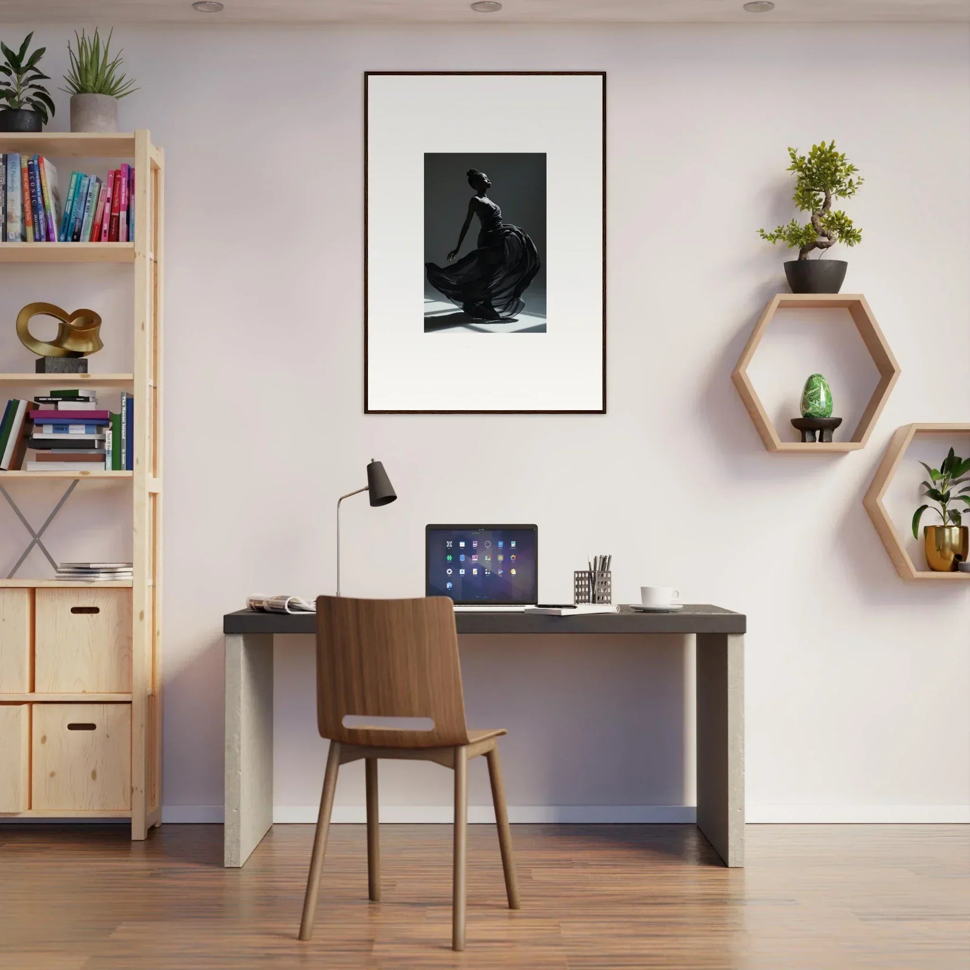 Home office workspace with a desk, chair, and decorative wall elements.