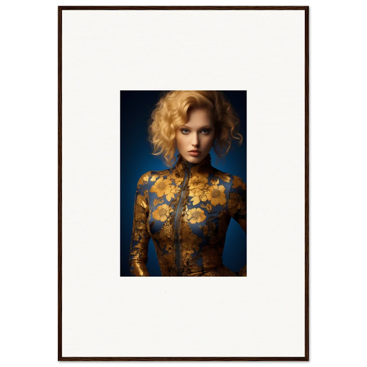 Portrait of a woman in gold floral awakening top, ideal for room decor or framed wall art