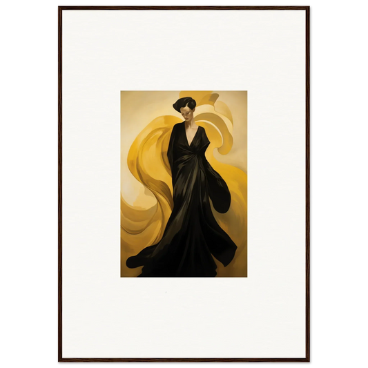 Elegant figure in black gown with swirling golden backdrop, perfect for sun waves room decoration