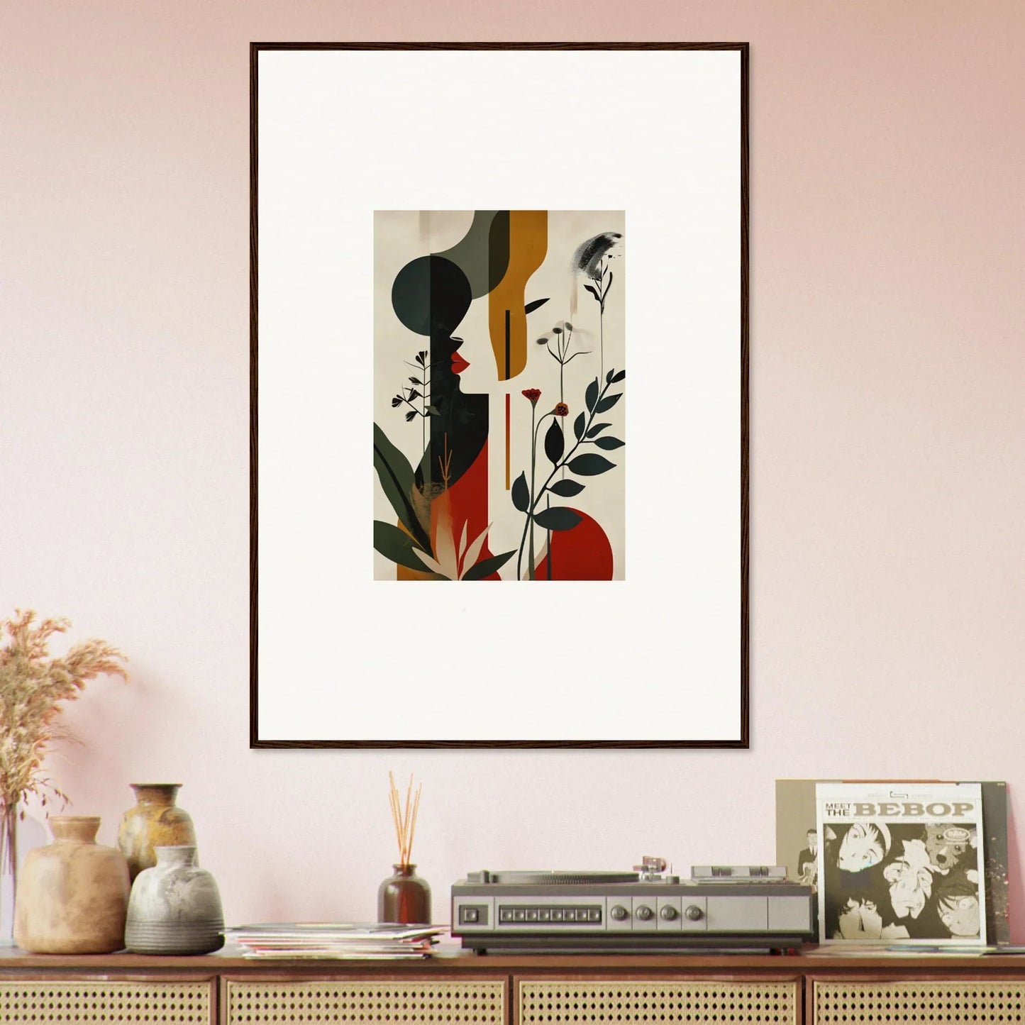 Framed abstract canvas print with geometric and botanical shapes for stylish room decoration