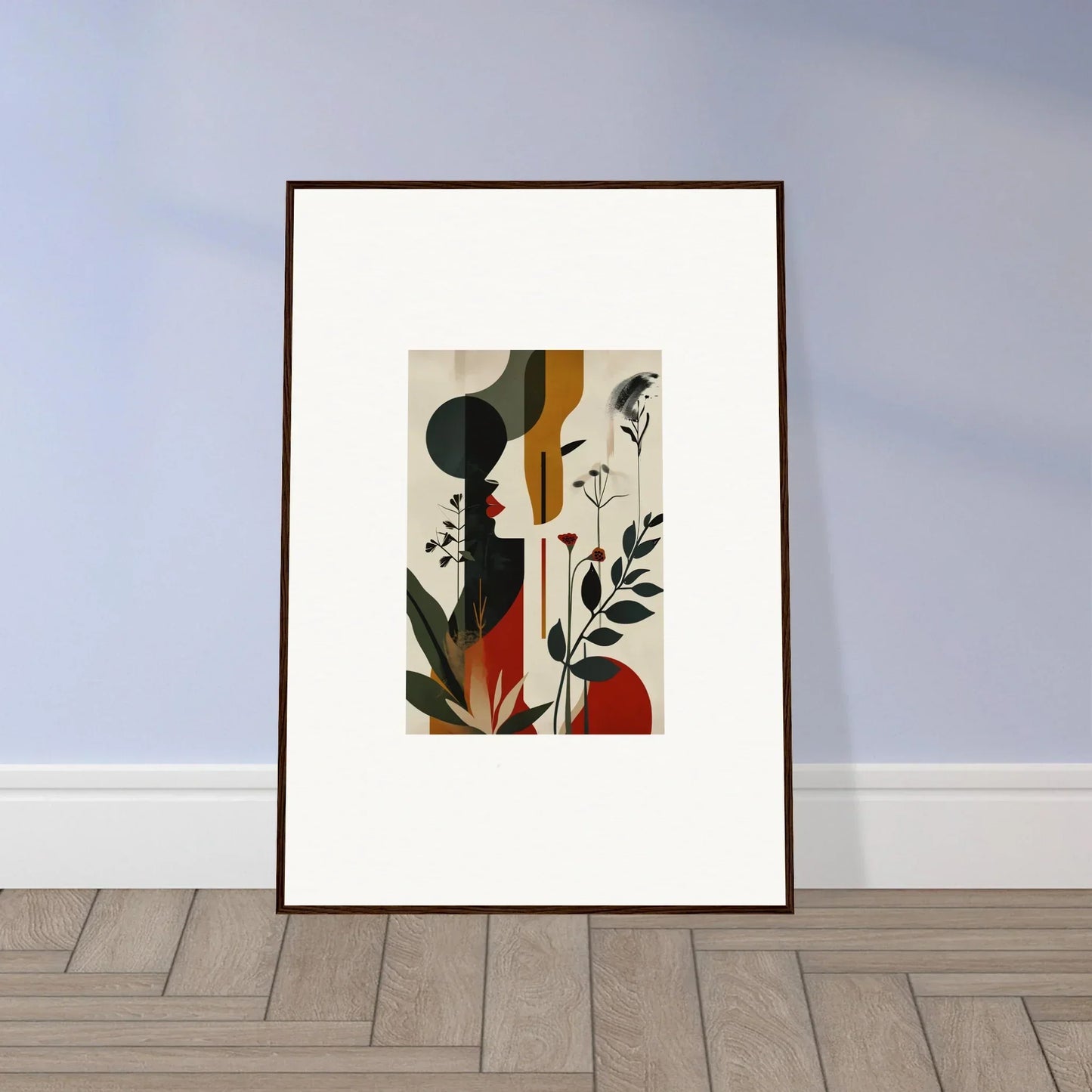 Framed abstract art print with geometric shapes for stylish room decoration