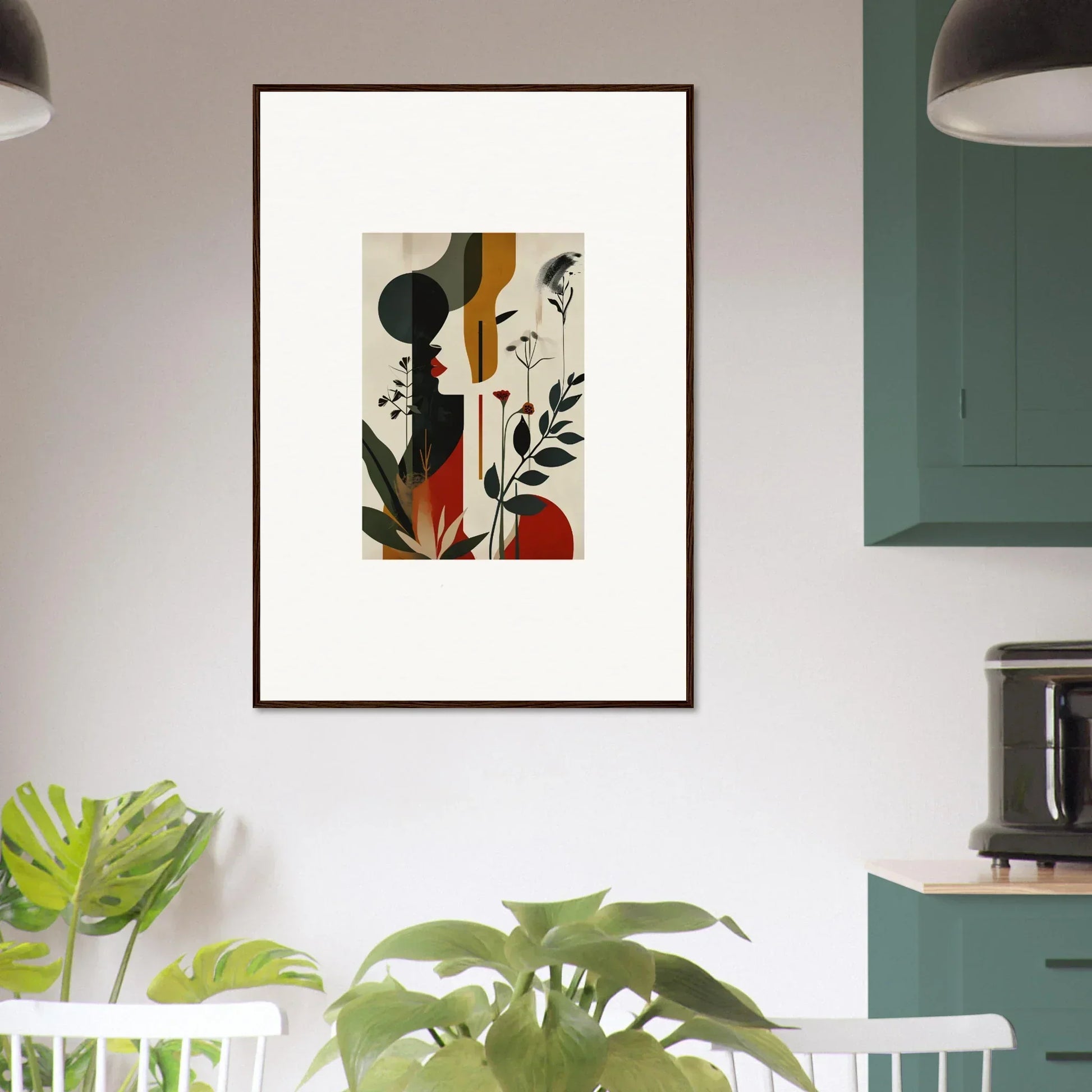 Framed abstract canvas print with earthy geometric shapes and botanical elements for room decoration