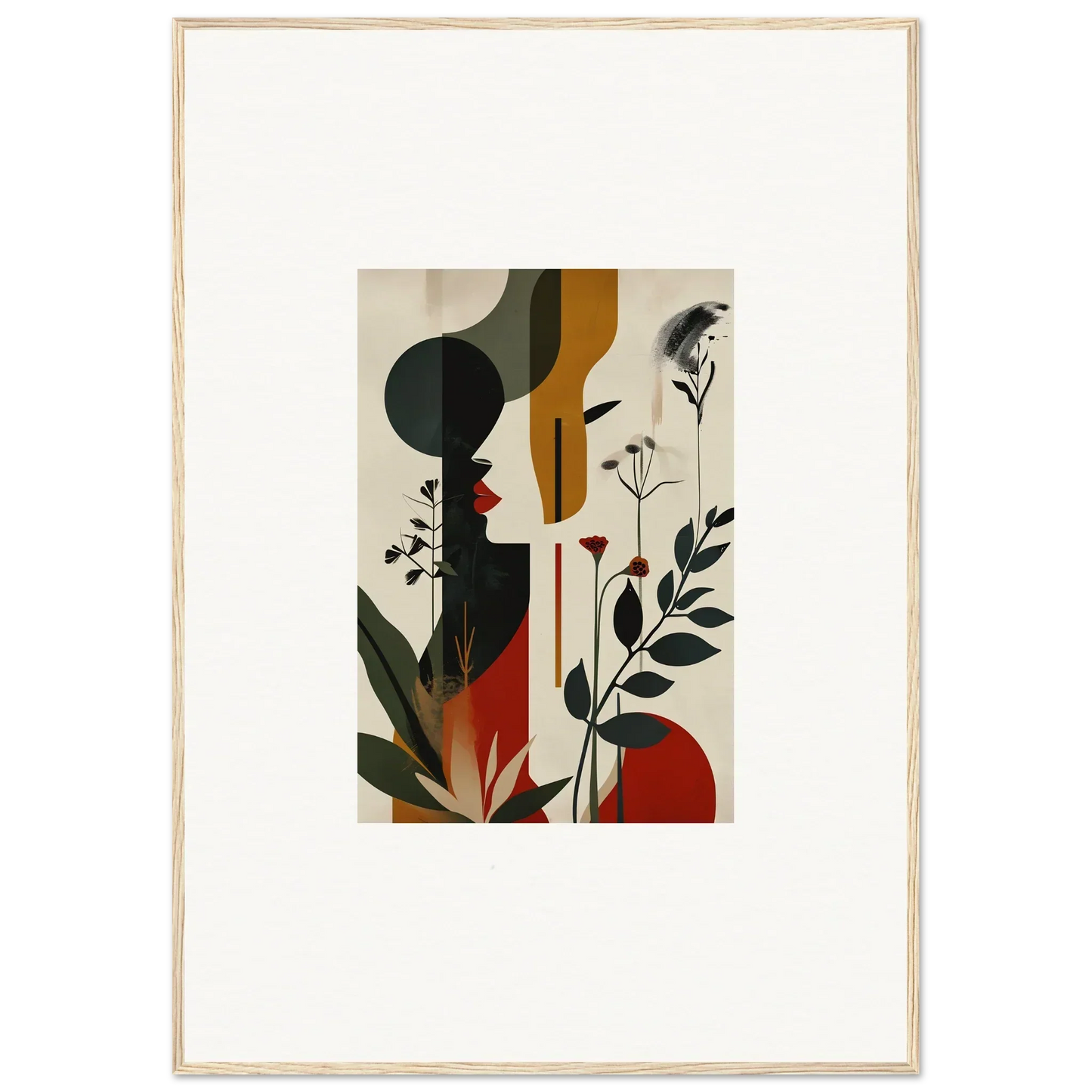 Abstract canvas print with silhouettes and botanicals in earthy tones for room decoration