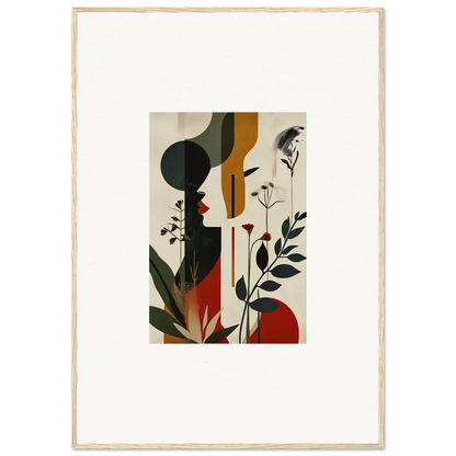 Abstract canvas print with silhouettes and botanicals in earthy tones for room decoration