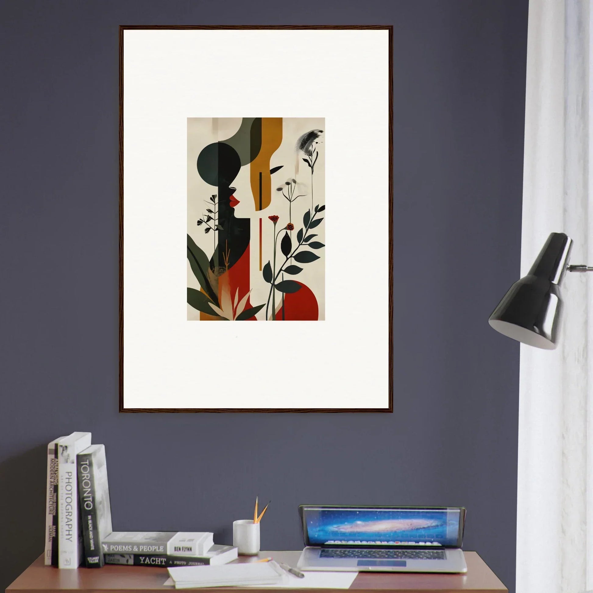 Framed abstract canvas print with geometric shapes and botanicals for stylish room decoration