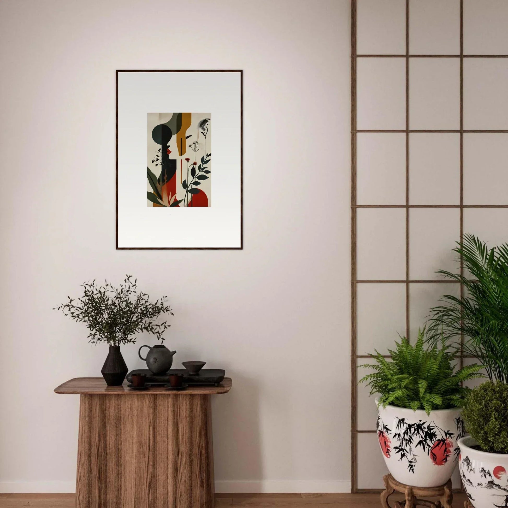 Framed abstract canvas print with earthy shapes, perfect for your room decoration