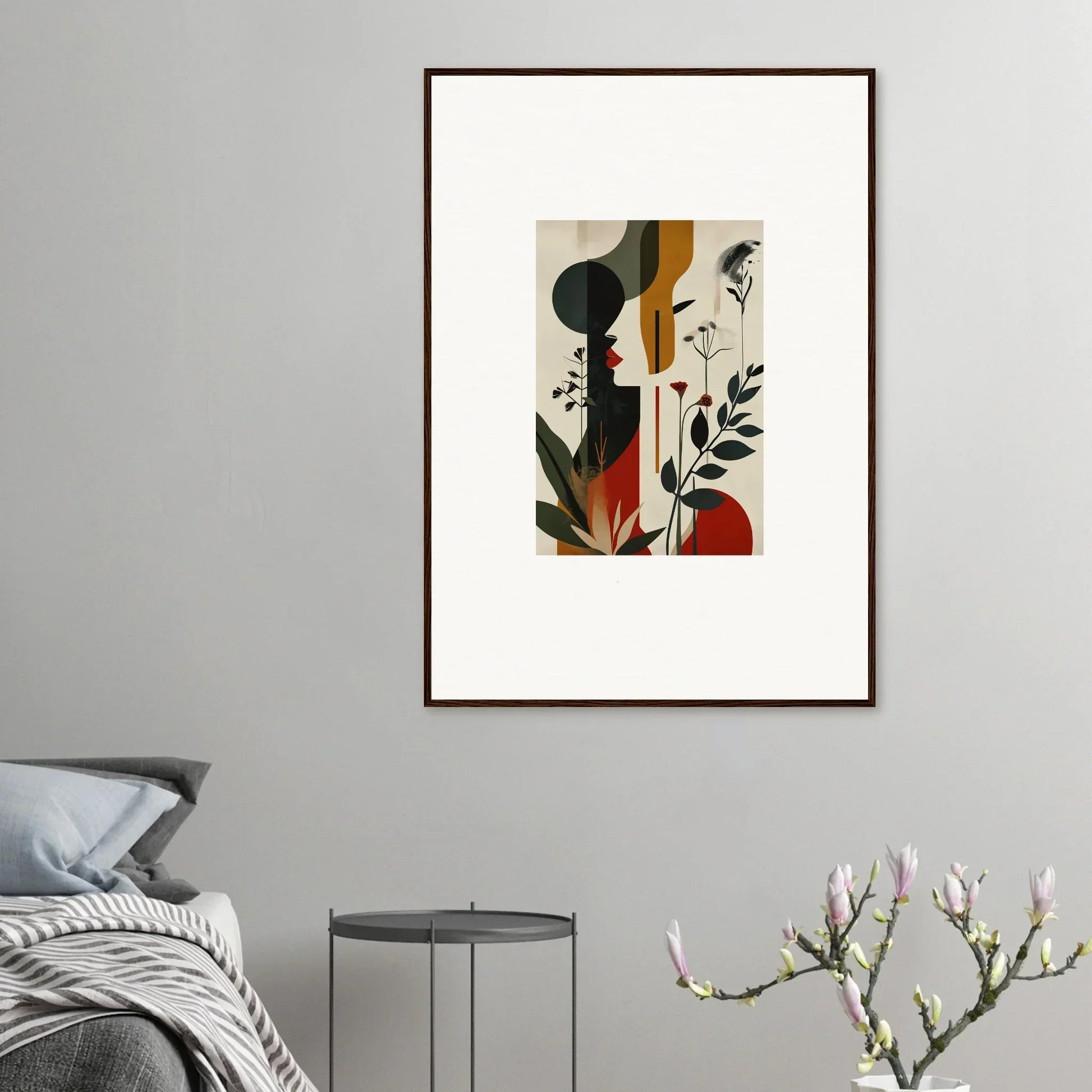 Framed abstract geometric canvas print with plants and a figure for stylish room decoration