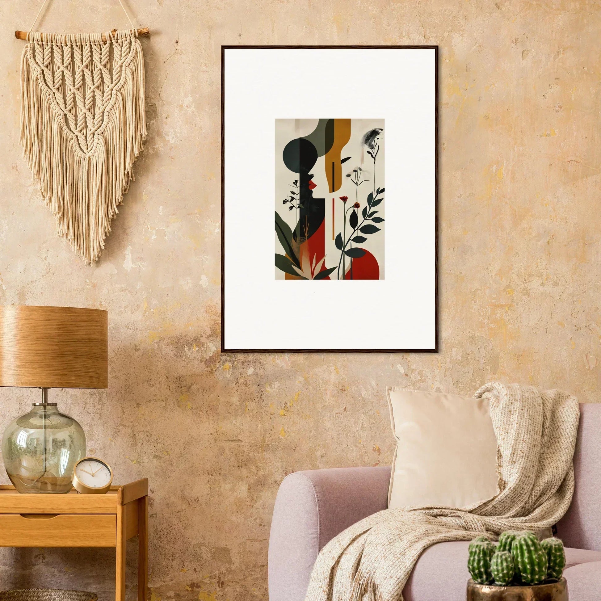 Framed canvas print of earthy geometric and botanical shapes for room decoration