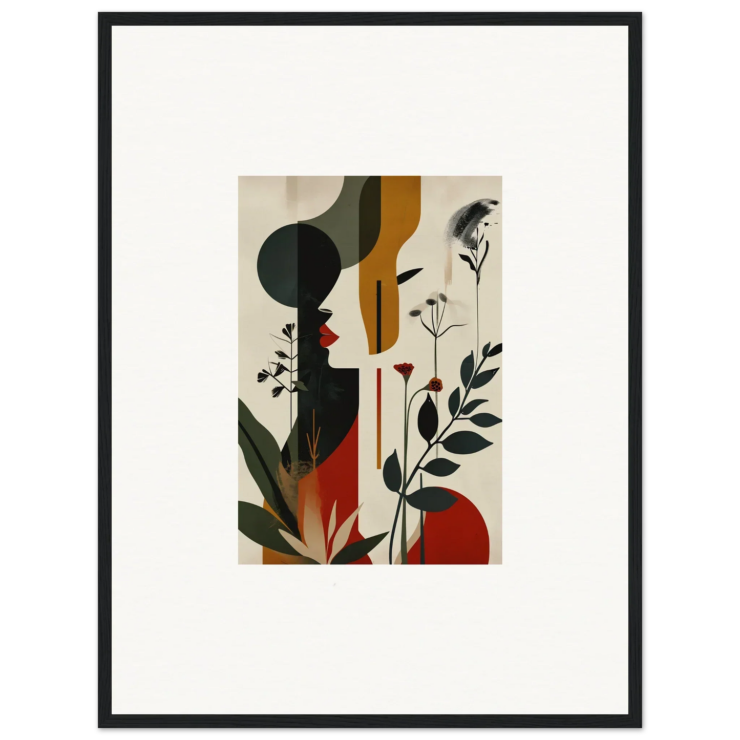 Framed abstract artwork with geometric shapes and botanical elements for stylish room decoration