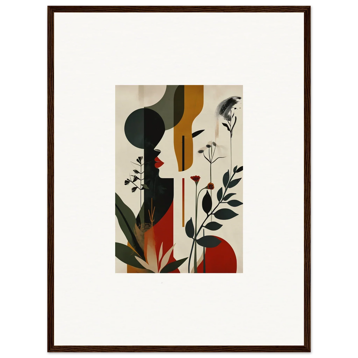 Framed abstract canvas print of geometric shapes and floral elements for trendy room decoration