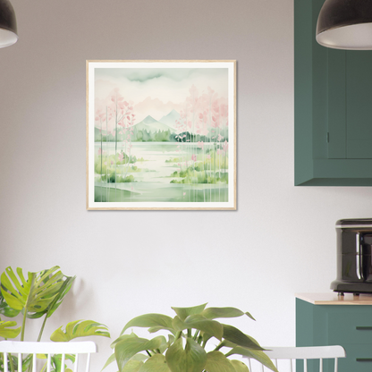 Framed watercolor painting of a misty landscape featured in Mirror Symphony Green