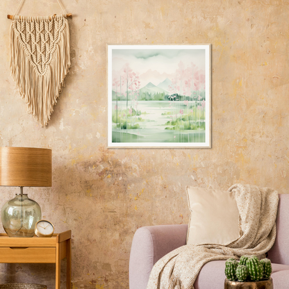 Framed watercolor landscape in soft greens and pinks from Mirror Symphony Green