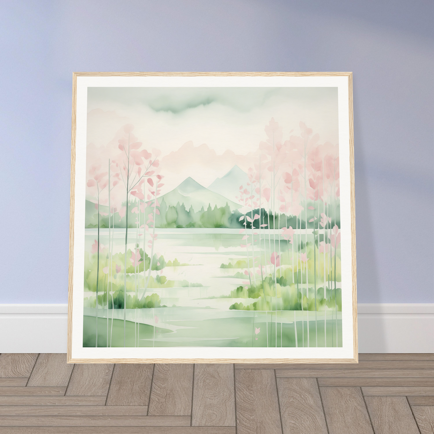 Framed watercolor painting of a pastel landscape for Mirror Symphony Green decor