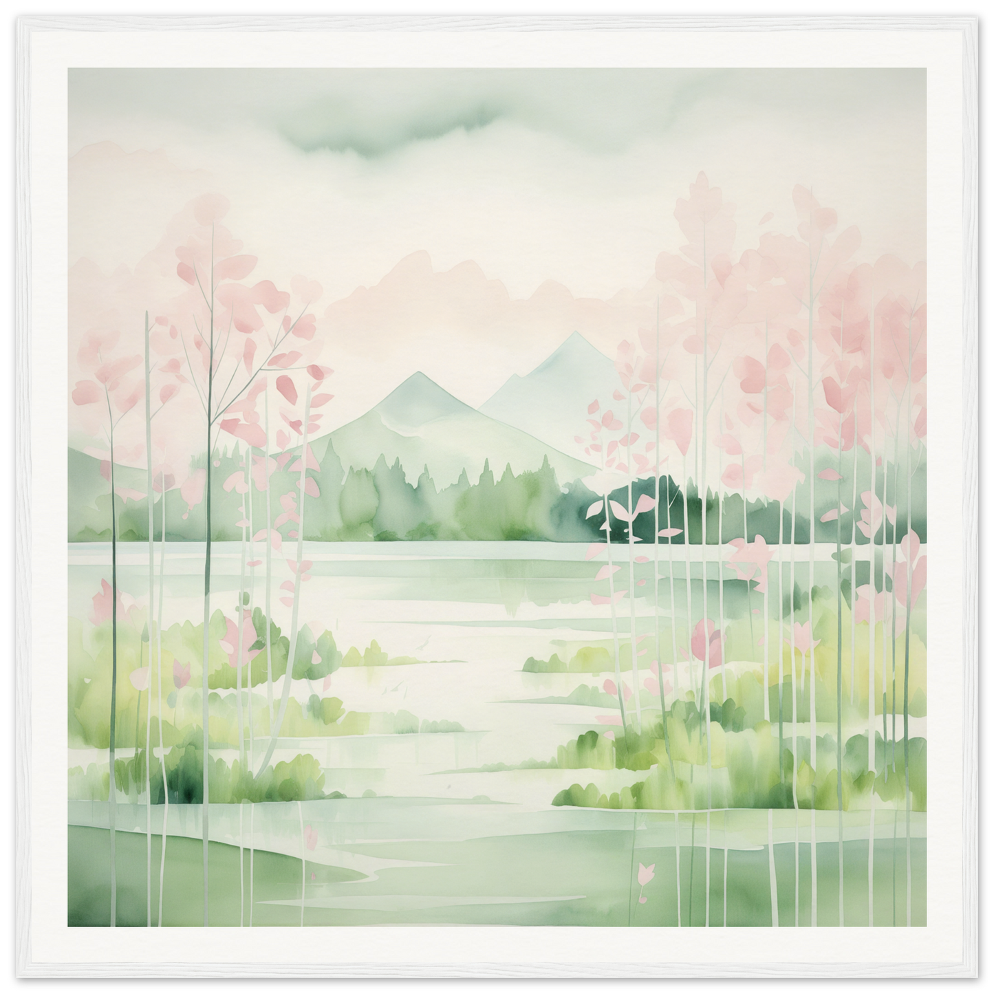 Watercolor painting of a serene lake with cherry blossoms in Mirror Symphony Green