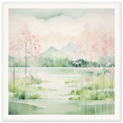 Watercolor painting of a serene lake with cherry blossoms in Mirror Symphony Green