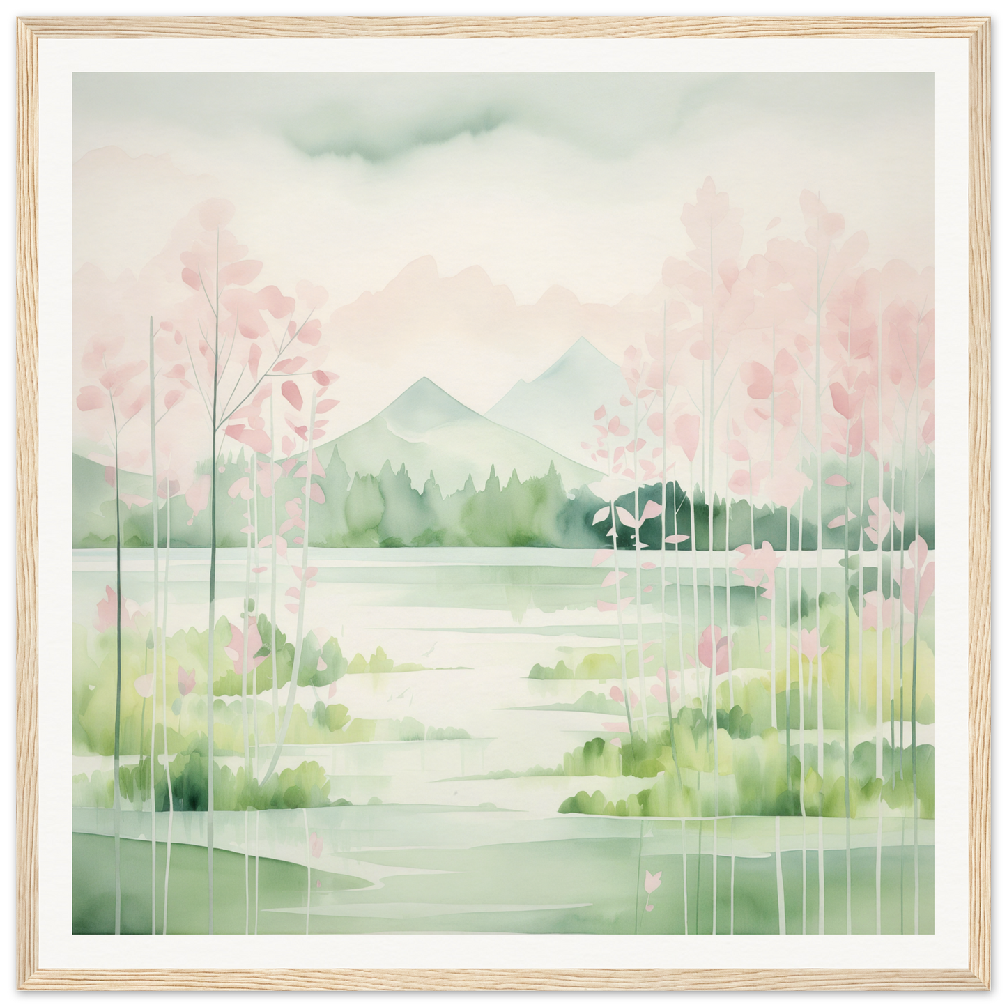 Watercolor painting of Misty Spring Landscape with pink blossoms for Mirror Symphony Green