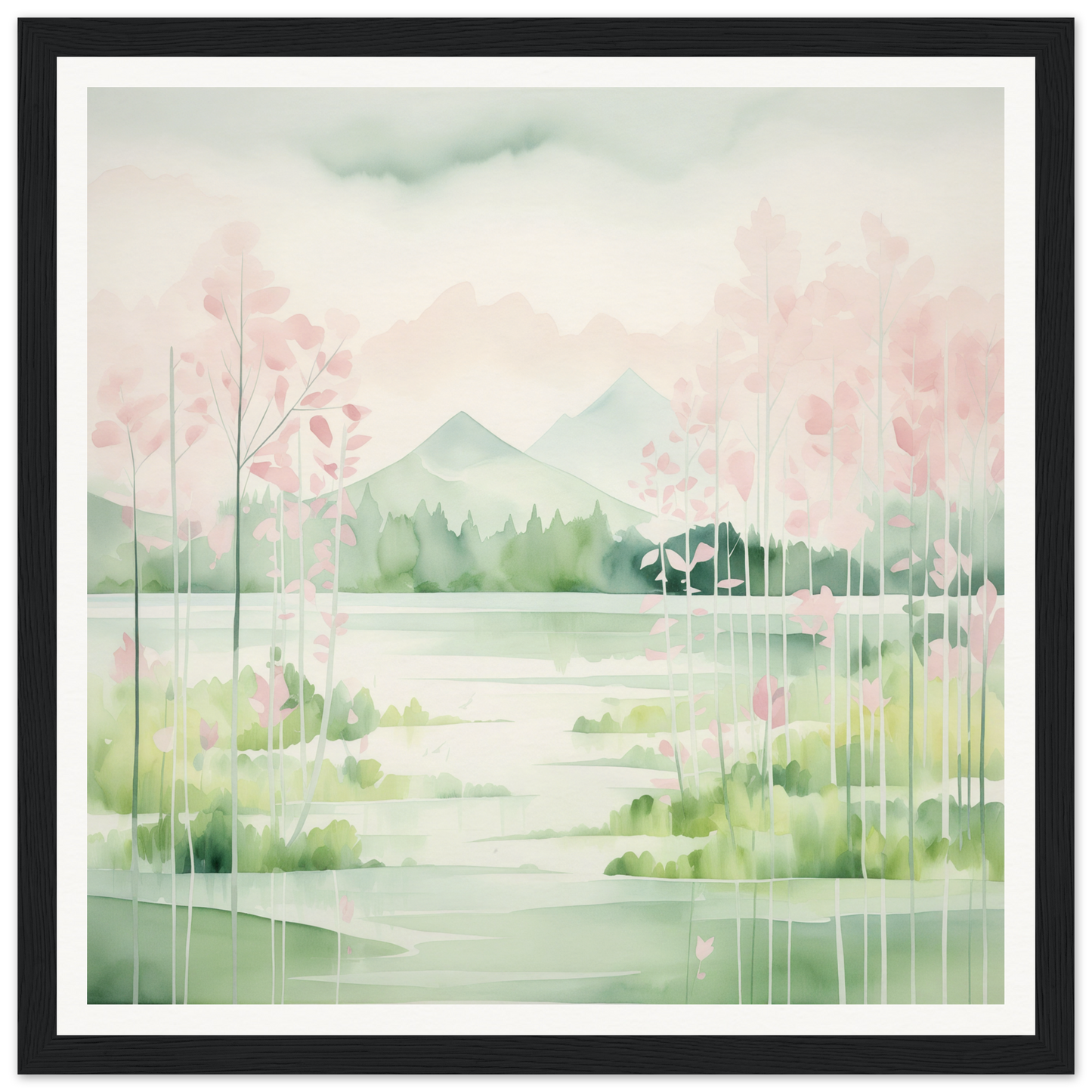 Watercolor painting of serene landscape with cherry blossoms for Mirror Symphony Green