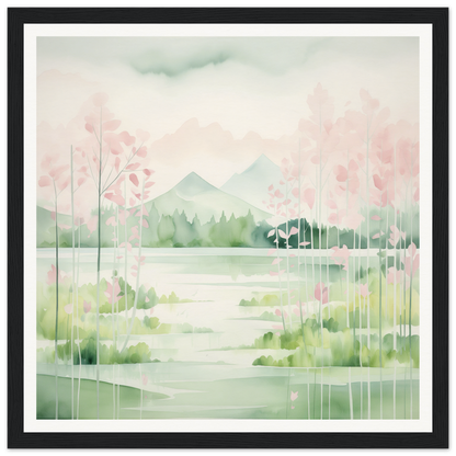 Watercolor painting of serene landscape with cherry blossoms for Mirror Symphony Green