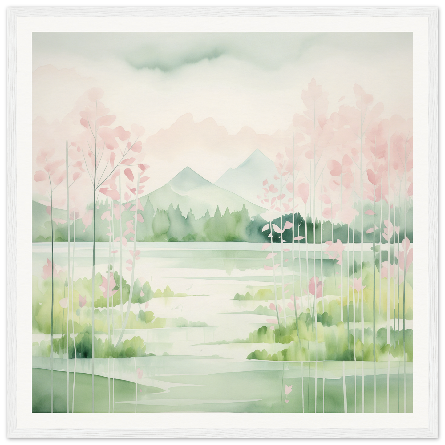 Watercolor painting of misty spring landscape with cherry blossoms for Mirror Symphony Green