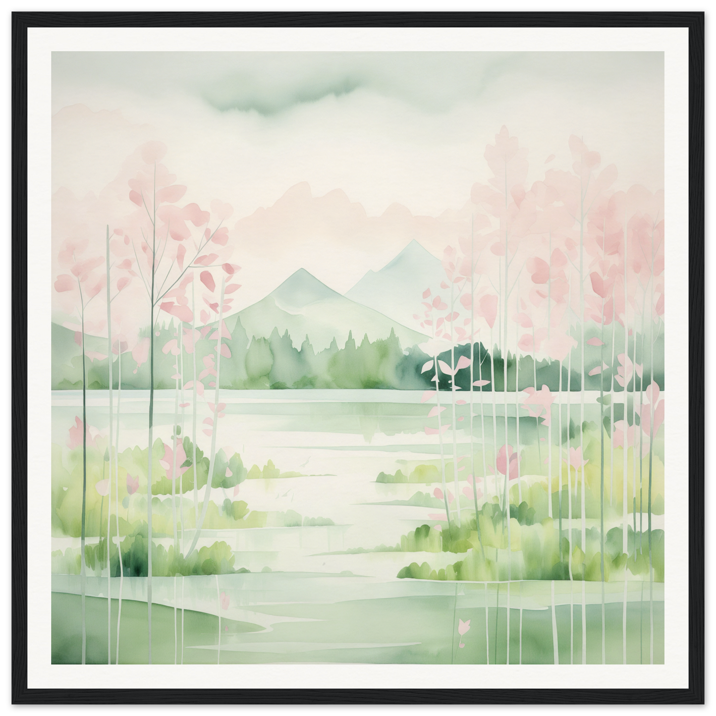 Watercolor painting of a serene landscape with cherry blossoms for Mirror Symphony Green