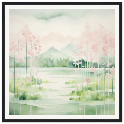 Watercolor painting of a serene landscape with cherry blossoms for Mirror Symphony Green