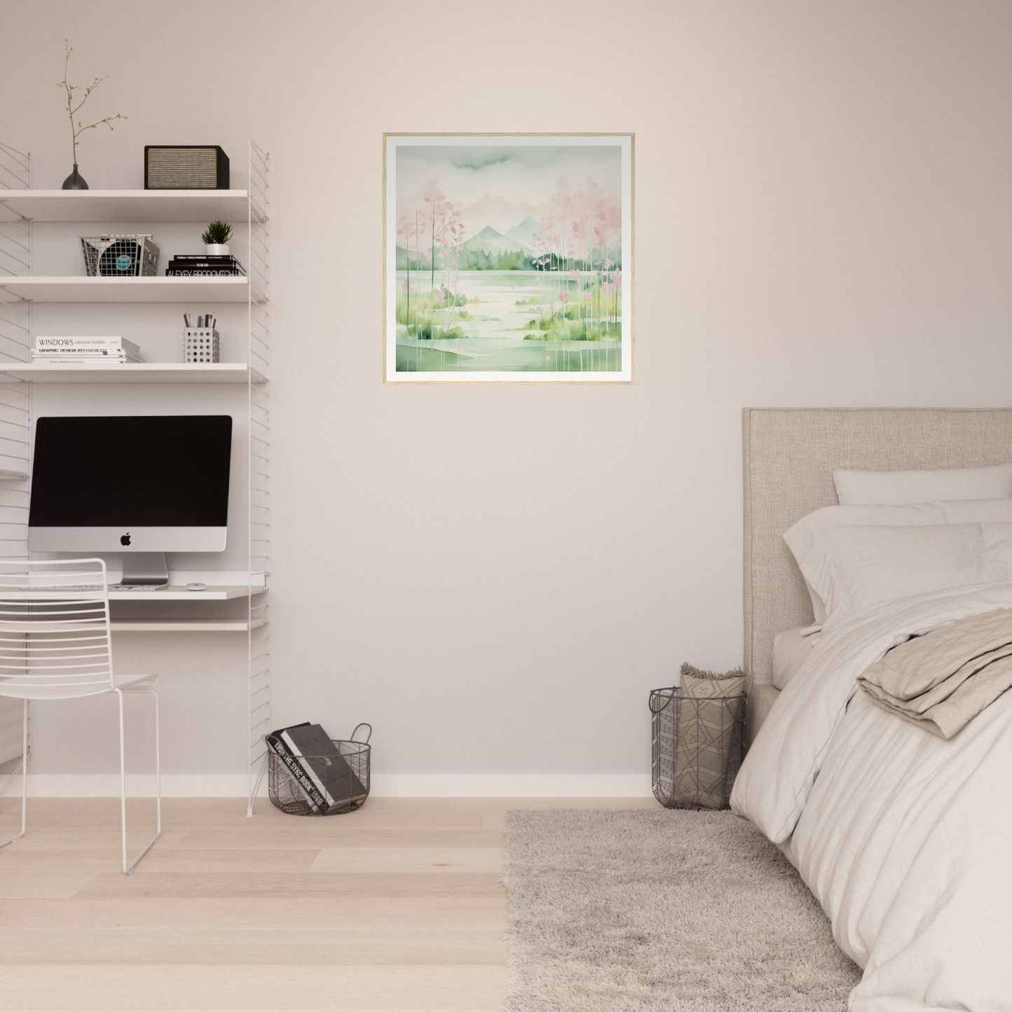 Minimalist bedroom workspace featuring Mirror Symphony Green with floating shelves and iMac