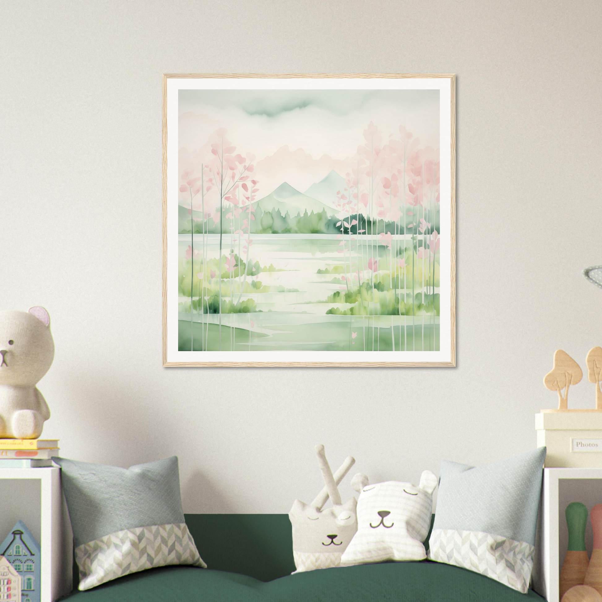 Framed watercolor of serene landscape in Mirror Symphony Green with soft meadows