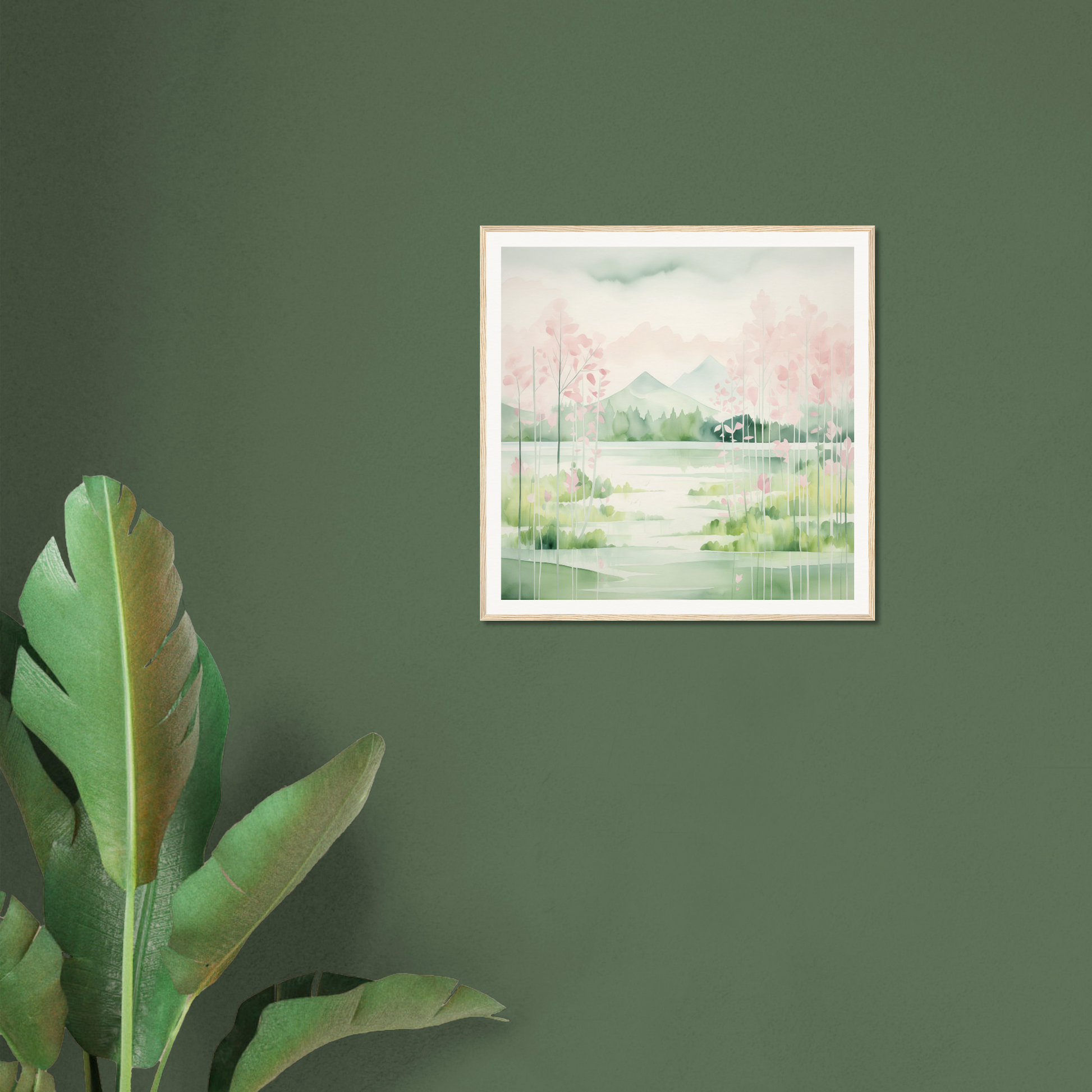 Framed watercolor landscape painting in soft pastel colors for Mirror Symphony Green