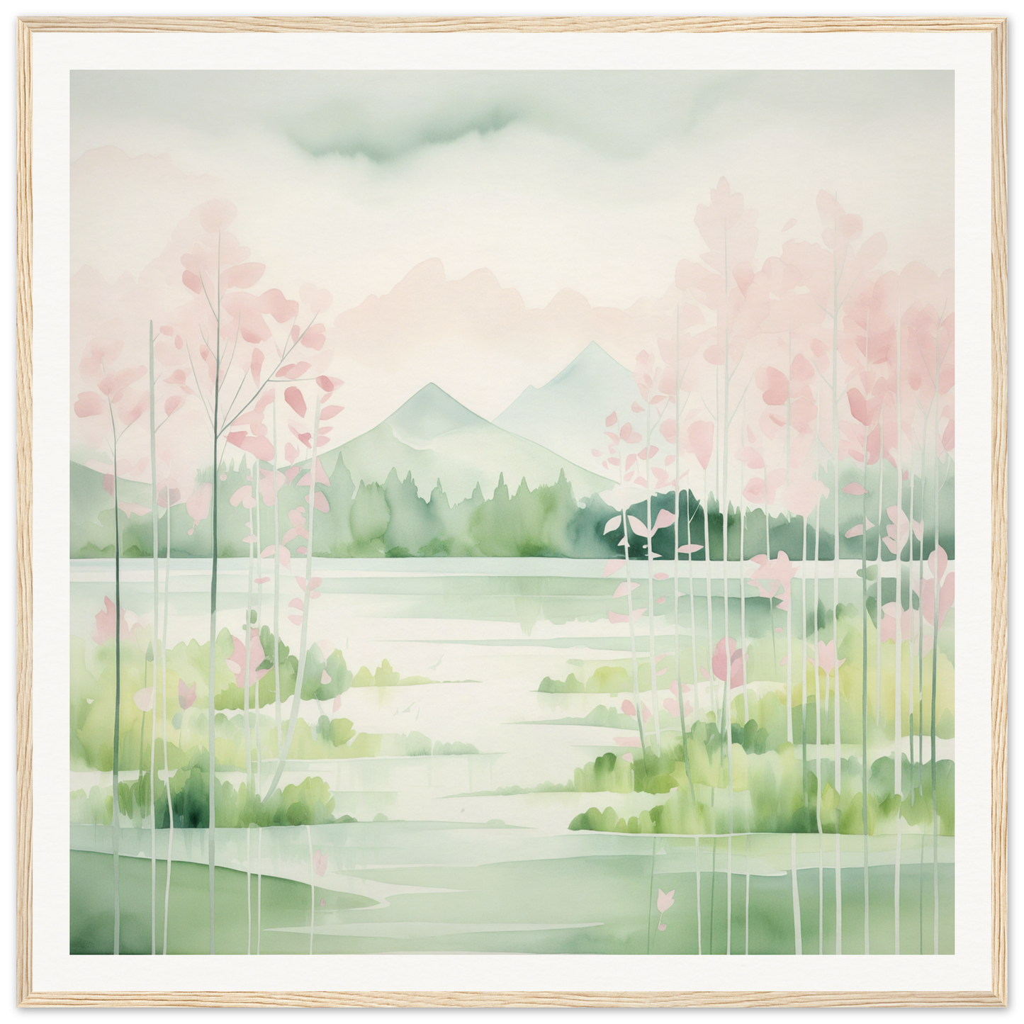 Delicate watercolor landscape featuring cherry blossoms and misty mountains, Mirror Symphony Green